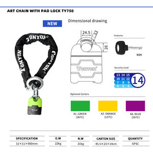 Serrures Tonyon <span class=keywords><strong>ART</strong></span> 4 étoiles Anti-vol Vélo Haute sécurité Chaîne de verrouillage robuste Cadenas pour vélo Moto Chaîne de verrouillage - Product Image 5
