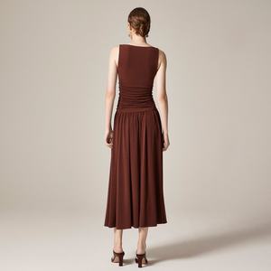 Vestido Maxi con Cuello Barco y Cintura Baja en Satén Mate con Lazos Calados y Bordado Floral, Estilo Casual de Verano - Product Image 2