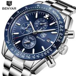 Benyar 5140M Sport Watchestop Merk Luxe Full Staal Business Quartz Horloge Toevallige Waterdichte Mannen Horloges
