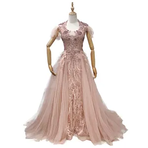 Ruolai LWC8028 robe de soirée de luxe à manches longues plumes brillant perlé rose robes de soirée robe de bal