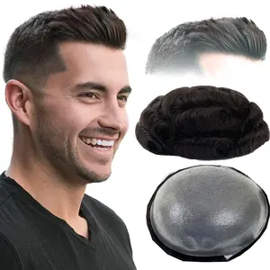 Toupee for Men, 8x10 Inch 0.08mm Thin PU Skin Mens Toupee Human Hair, Natural Black Mens Hair Piece V-looped Hair Wig for Men