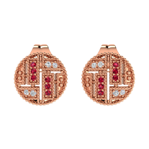 925 Sterling Silver Rose Gold Plated Vintage Round Stud <b>Earrings</b> with Ruby <b>Red</b> Cubic Zirconia and White CZ Geometric Filigree - Product Image 1
