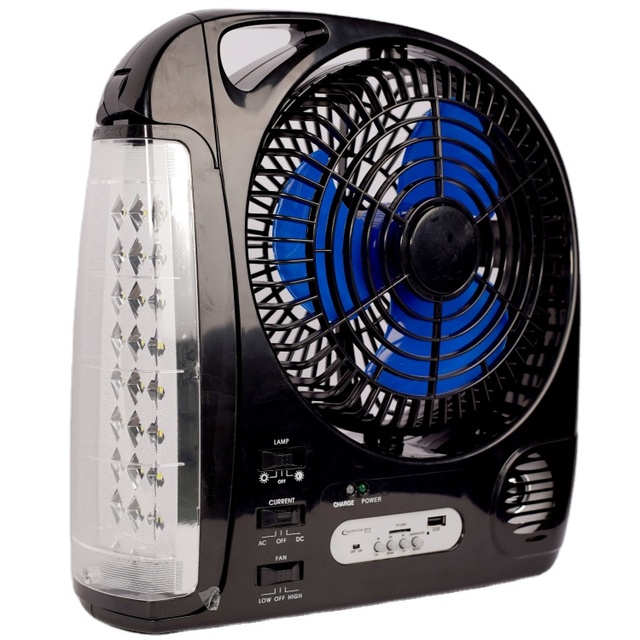Teyoza Rechargeable Electric Solar Battery Ac/dc Charging Emergency Fan with Solar Panel and Led Bulbs Lighting