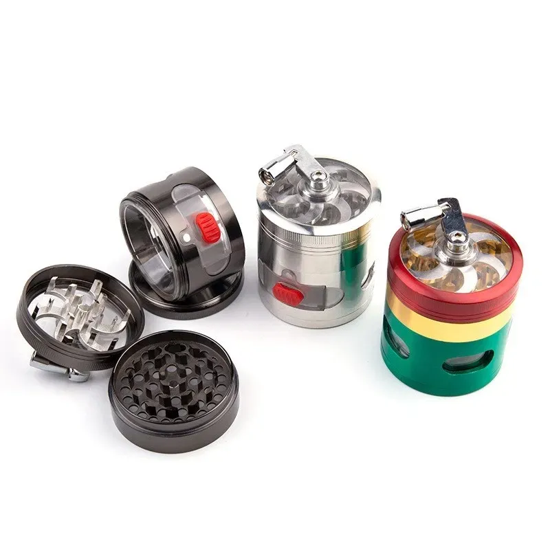 premium 63mm zinc 4 layers clear top rainbow color hand shake crank herb grinder with drawer