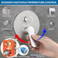 Système de douche double tête haut de gamme avec 4 jets corporels, pulvérisation 4 directions, douche pluie et douchette à main, fixation au plafond, laiton nickel brossé
