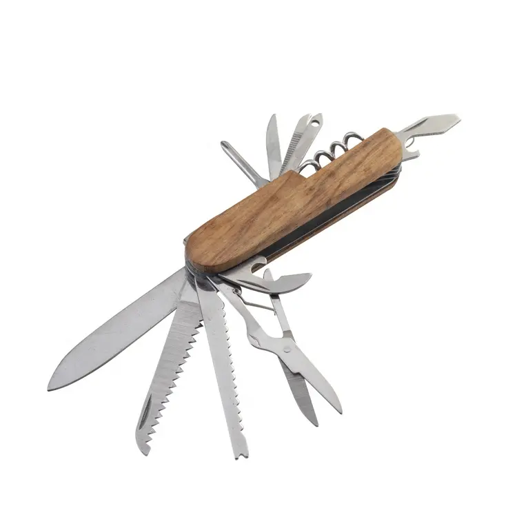 Faca multifuncional dobrável, ferramenta multi, chaveiro, faca de bolso, com cabo de madeira
