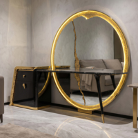 Table de toilette de luxe italienne avec miroir LED effet craquelé doré, 2 tiroirs, finition noir brillant, structure métallique, pour chambre et appartement