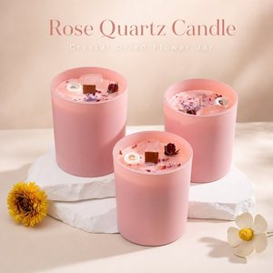 Vela Aromática de Cristal Rosa con Flores Secas en Frasco Esmerilado, Mecha de Madera, Cuarzo Rosa, Pétalos de Rosa Secos, Decoración de Aromaterapia - Product Image 1