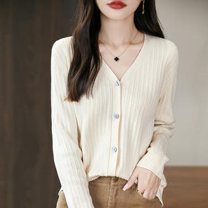 Cárdigan de punto con cuello en V para mujer, manga larga, color sólido, algodón, corte holgado, ropa de abrigo para otoño e invierno - Product Image 2