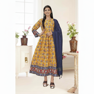 Robe Anarkali en coton imprimé de créateur avec dupatta jaune - Product Image 1