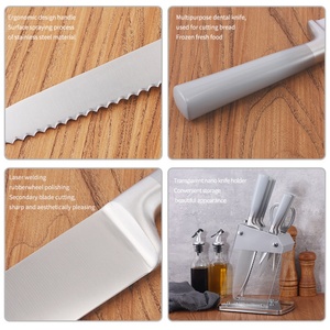 Nouvel ensemble de couteaux de cuisine en acier inoxydable 6 pièces, manche creux, ciseaux de chef Santoku, support en acrylique inclus - Product Image 4