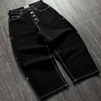 Celana Denim Kancing Khusus Jahitan Kontras Model Kaki Lebar Pria Streetwear Vintage Longgar Hip Hop Celana Denim Baggy Melengkung