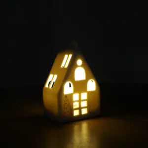 White Home Decor Farmhouse Lighthouse Shape Ceramic Stoneware Christmas House Village With Led Light