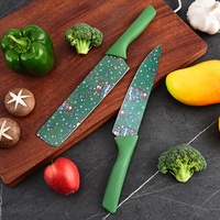 Coffret de six couteaux de cuisine en acier inoxydable avec lames peintes par pulvérisation, motif de Noël, en paille de blé, avec petite boîte cadeau