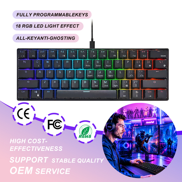High Speed Transmission 61-Key RGB Mechanical Gaming Keyboard USB-C Wired Anti-Ghosting Compact Keyboard for Gaming PC Wholesale