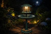 Estación de Baño para Pájaros Solar Cuatro en Uno con Comedero LED, Jardinera, Base de Piedra, Resina Resistente a la Intemperie para Decoración de Jardín