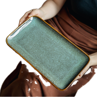 Bobbi vert rétro texturé rectangulaire Snack assiette jetable Vintage japonais Sushi en céramique Hot Pot plat d'accompagnement pour la fête