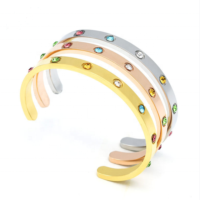 Stainless Steel Gemstone Jewelry Rose Gold Plated Multi Color Rhinestone Crystal Cuff Bracelet for Women