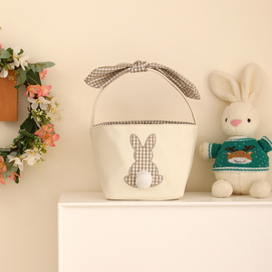 Xô vải bố kẻ ô cá nhân hóa có nơ pompom nhỏ cho giỏ quà Phục Sinh của bé - Product Image 5