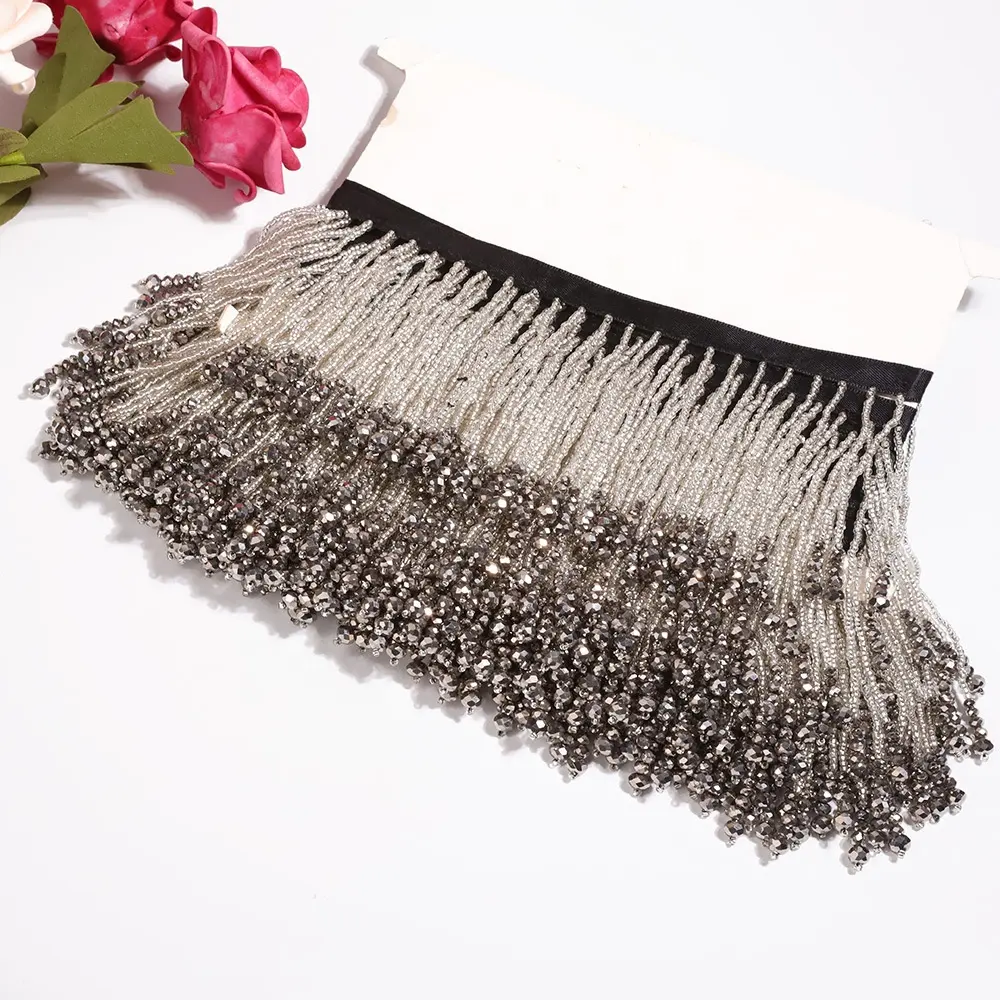 Hot Sale Manufacturer Laces Hand Beaded Tassel Silver Glass Hanging Bead Edge Beaded Lace Trim French Lace Fabric 100% Polyester