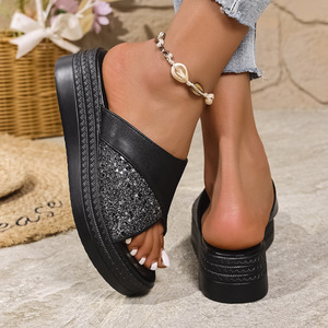Summer Sequin Open Toe Women's Wedges <b>Sandals</b> Thick Sole Large Size Platform Casual Flat Design-Wholesale - Product Image 4