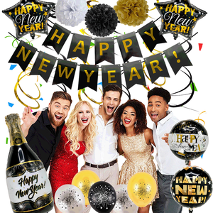 Ensemble de ballons Happy New Year <span class=keywords><strong>2023</strong></span>, fournitures de fond de fête or noir, bouteille de champagne, ballon en aluminium, décoration - Product Image 1