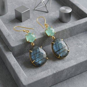 Natural Labradorite Chalcedony Drop <b>Earrings</b> Brass 18k Gold Plated Hexagon & Egg Shape Gemstone <b>Earring</b> Women Fashion Jewelry - Product Image 4