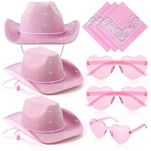 Sombrero de Vaquero Rosa con Brillantina, Juego de Tres Piezas, Estilo Occidental, Sombrero de Vaquero para Halloween, Festivales y Fiestas - Product Image 1