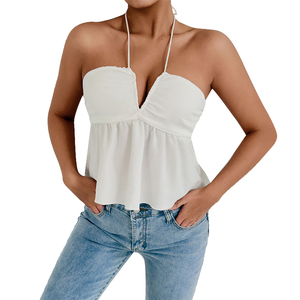 Canottiera estiva Sexy da donna <span class=keywords><strong>con</strong></span> scollo a V profondo aderente gilet arruffato in maglia Spandex <span class=keywords><strong>con</strong></span> colletto quadrato, stampa <span class=keywords><strong>con</strong></span> Logo frontale in stile dolce - Product Image 6