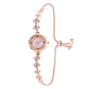 นาฬิกาแฟชั่นผู้หญิงหน้าปัดกลมเล็กประดับด้วยพลอยเทียมสีโรสโกลด์แบบปรับได้ - Product Image 1