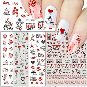 Calcomanías de uñas con temática de San Valentín para mujer, pegatinas autoadhesivas para manicura, tatuaje de Cupido, corazón, beso, labios rojos y rosas, color rojo, 3D
