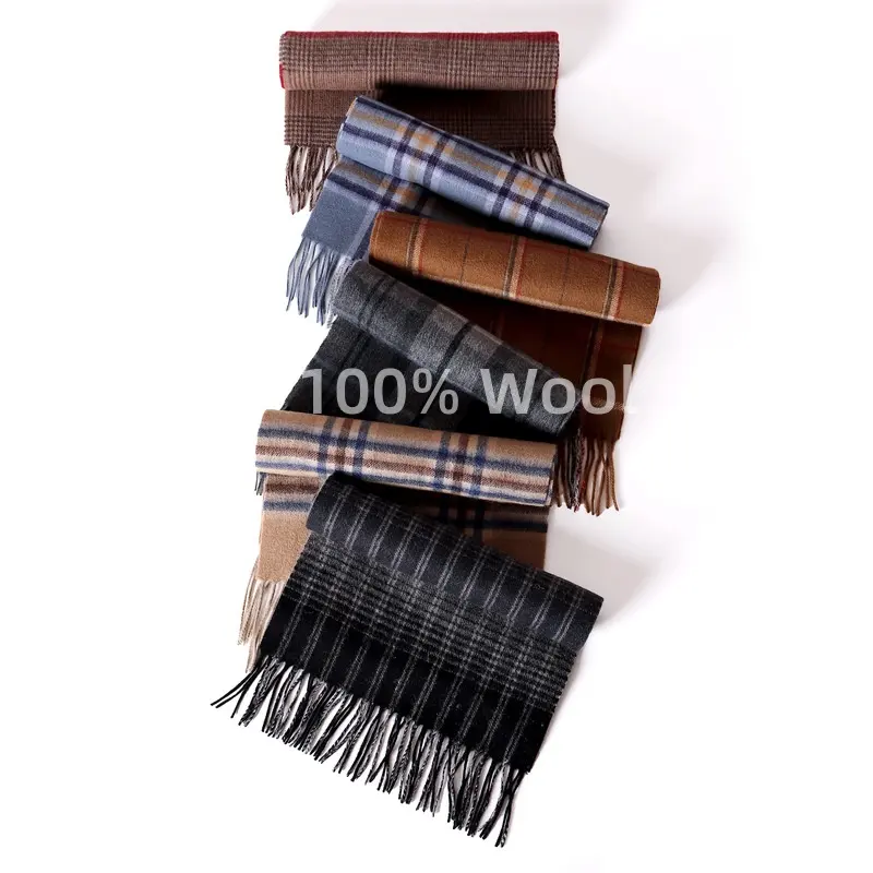Sciarpa da uomo in pura lana multistrato con Logo personalizzato 180*30 100% in lana inverno autunno scozzese sciarpa da uomo nappe