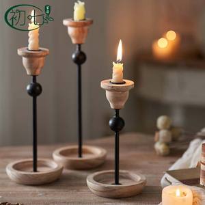 Vintage Wooden <b>Candlestick</b> Set Round Iron Wood Combination Home Decoration Entryway Gift - Product Image 1