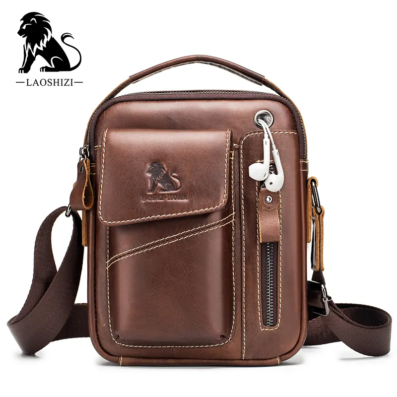 LAOSHIZI vintage genuine leather men shoulder messenger bag cheap men cross body bag