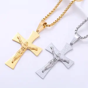 Popular Gold Plating Stainless Steel Christ Religious Jesue Crucifix Cross Pendant Necklace For Men