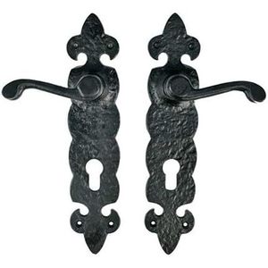 Poignée de porte traditionnelle en fer noir avec plaque, profil européen 85 mm, design d'entrée ambidextre - Product Image 1