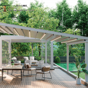 Pergola en aluminium pour zone côtière avec revêtement en poudre résistant à la <span class=keywords><strong>corrosion</strong></span>, cadre <span class=keywords><strong>test</strong></span>é contre la pulvérisation de sel et toit en tissu PVC durable - Product Image 2