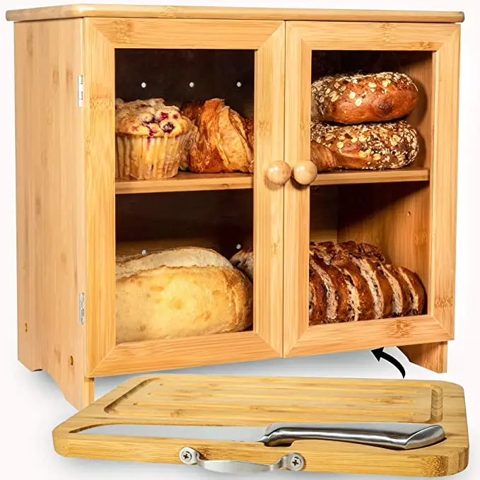 Caja de pan de bambú Natural Premium, almacenamiento de comida de madera con tabla de corte de bambú y juego de cuchillos para Cocina