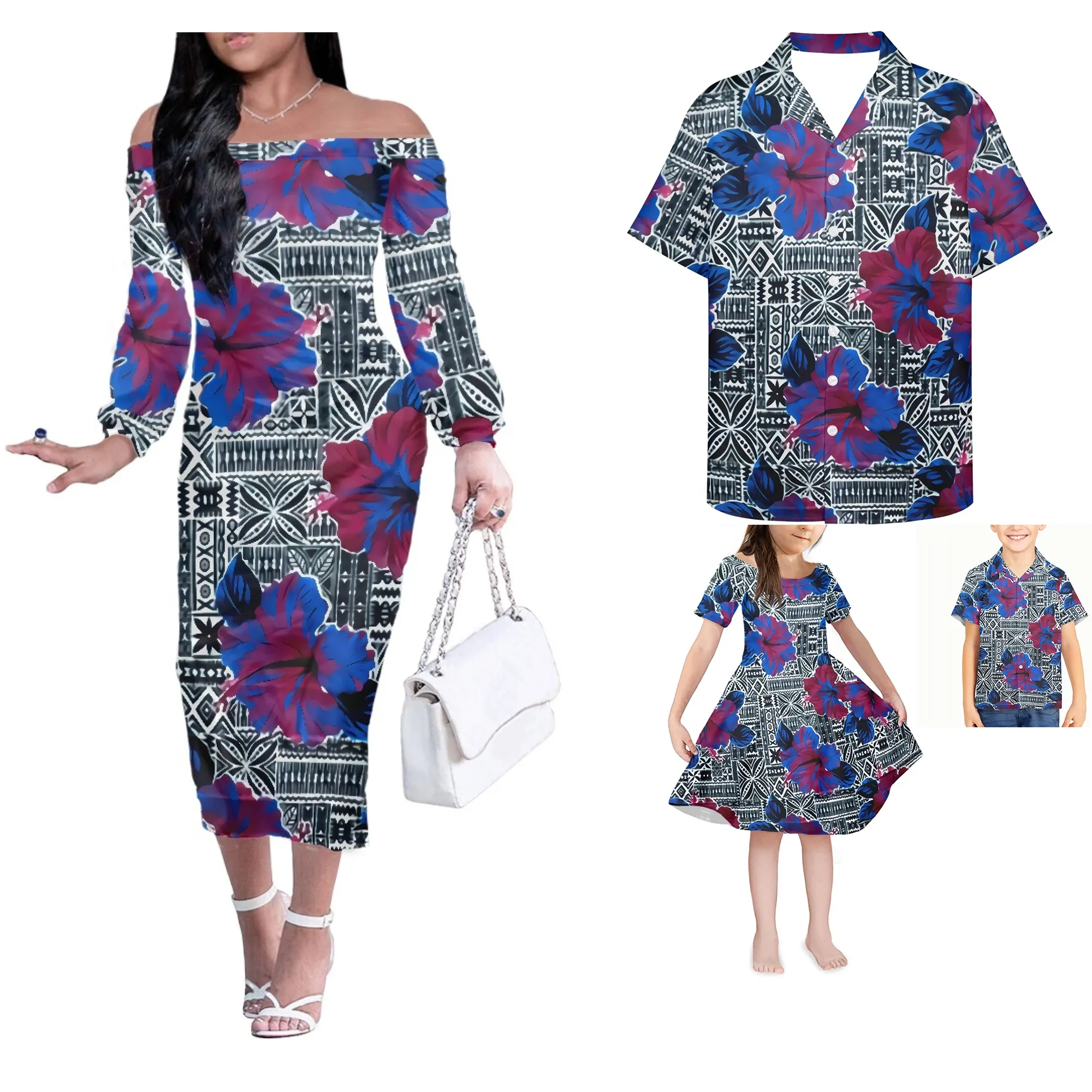 Party Ball Family Collection new suit hot women's sexy shoulder off fashion dress matching men's casual Hawaiian shirt and child