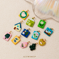 Contes de jardin peints |   Pendentif breloque en laiton plaqué or 18 carats, émail peint à la main, motifs maison, fleur, animaux mignons, pour la maison et le jardin, pour bijoux DIY