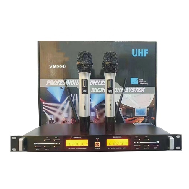 VM990 UHF Dual Channel Wireless Microphone Long Distance Transmission Wireless System Mic for Stage Performance
