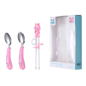 Safety Portable Cute Baby Stainless Steel children's cutlery set Baby Practice Fork Flatware Training Chopsticks Reusable