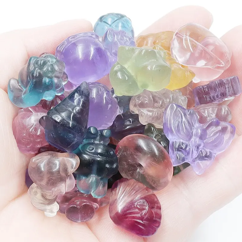 Mini fluorite mushroom butterfly bear turtle carvings bulk Natural Rainbow Fluorite Healing Stone Crafts Mini Crystal Carvings