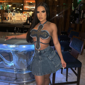 <span class=keywords><strong>Top</strong></span> Corto Sexy <span class=keywords><strong>con</strong></span> Escote Pronunciado, Estilo Tubo, Halter, Cruzado, de Mezclilla - Product Image 3