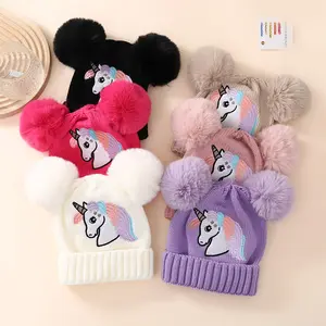 Trẻ Em Thời Trang Phim Hoạt Hình Động Vật Thêu Beanie Mũ Với Pom Pom Bóng Dễ Thương Mùa Đông Ấm Áp Mũ Dệt Kim Mũ