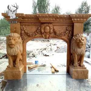 Personalizzato intaglio a mano in marmo giallo leone camino mensola camino in marmo surround con scultura di leoni