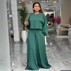 Ensemble long élégant pour <span class=keywords><strong>femme</strong></span>, style européen et américain, nouvelle collection été 2026, haut à col rond perlé et manches lanternes, <span class=keywords><strong>pantalon</strong></span> large, 100 % polyester - Product Image 4