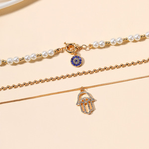 Collares multicapa exagerados para mujer, <span class=keywords><strong>cadena</strong></span> de perlas de imitación, colgante de ojo y <span class=keywords><strong>palma</strong></span> con diamantes de imitación, joyería de fiesta - Product Image 4