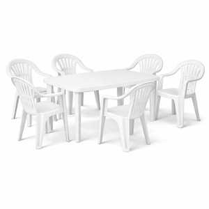 Juego de comedor con mesa ovalada y 6 sillas de plástico blancas con orificio para sombrilla, apilables, con reposabrazos, muebles de patio - Product Image 1