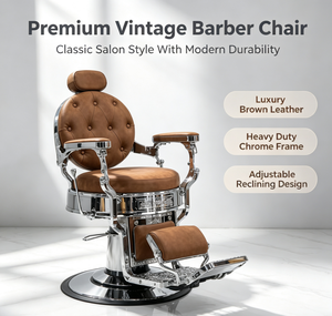 Fauteuil <span class=keywords><strong>de</strong></span> Barbier Vintage Marron en Gros avec Cadre Chromé, Revêtement en Cuir PU Capitonnage Diamant, Chaise <span class=keywords><strong>de</strong></span> Salon Inclinable et Base Ornée <span class=keywords><strong>de</strong></span> Volutes - Product Image 6